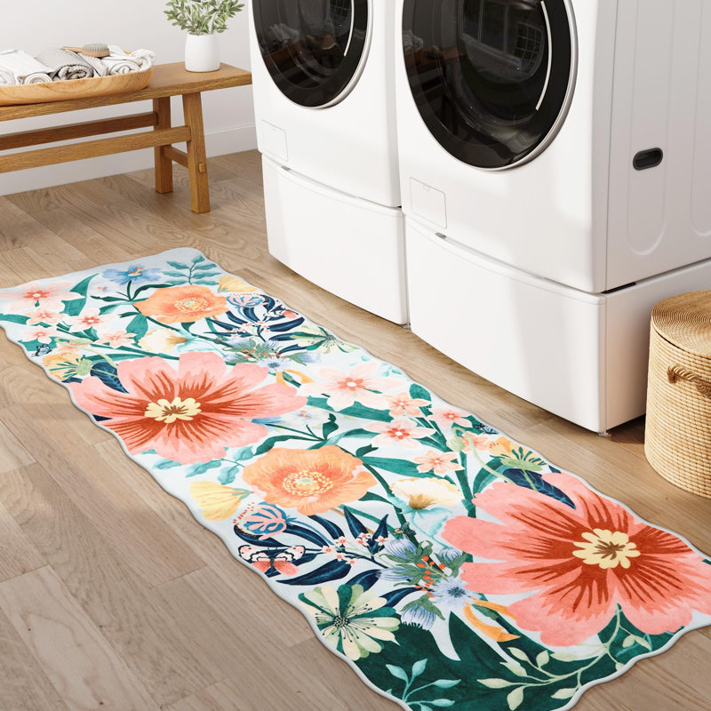 Tapis lavable pour tapis de salon antidérapant à motif floral antidérapant, Tapis de couloir 2 pi x 6 pi