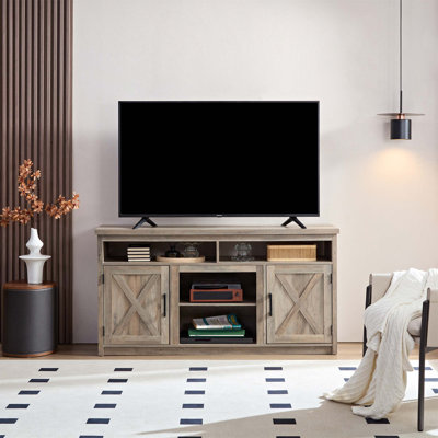 Farmhouse Barn Door TV Media Stand With Open And Closed Storage, Modern Entertainment Console For Tvs Up To 65 Inches