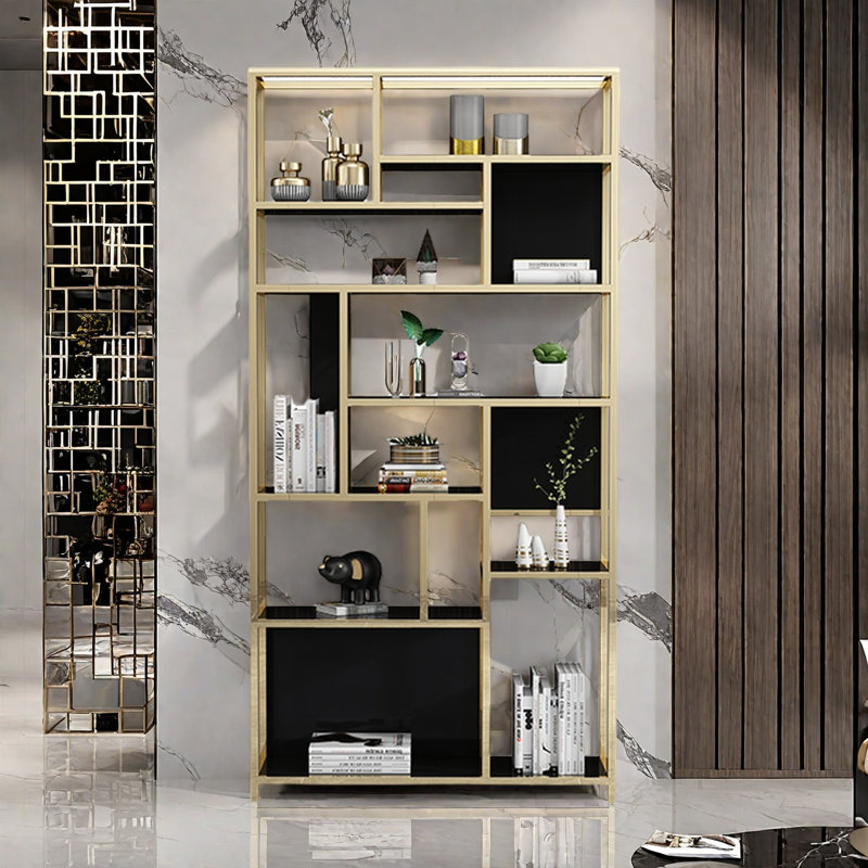 Une bibliothèque élégante et pratique, Noir et or, (8 tablettes) H 78,7 po x l 31,4 po x P 11,8 po