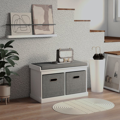 Shoe Bench with Cushion Seat, 2 Fabric Drawers for Entryway Hallway