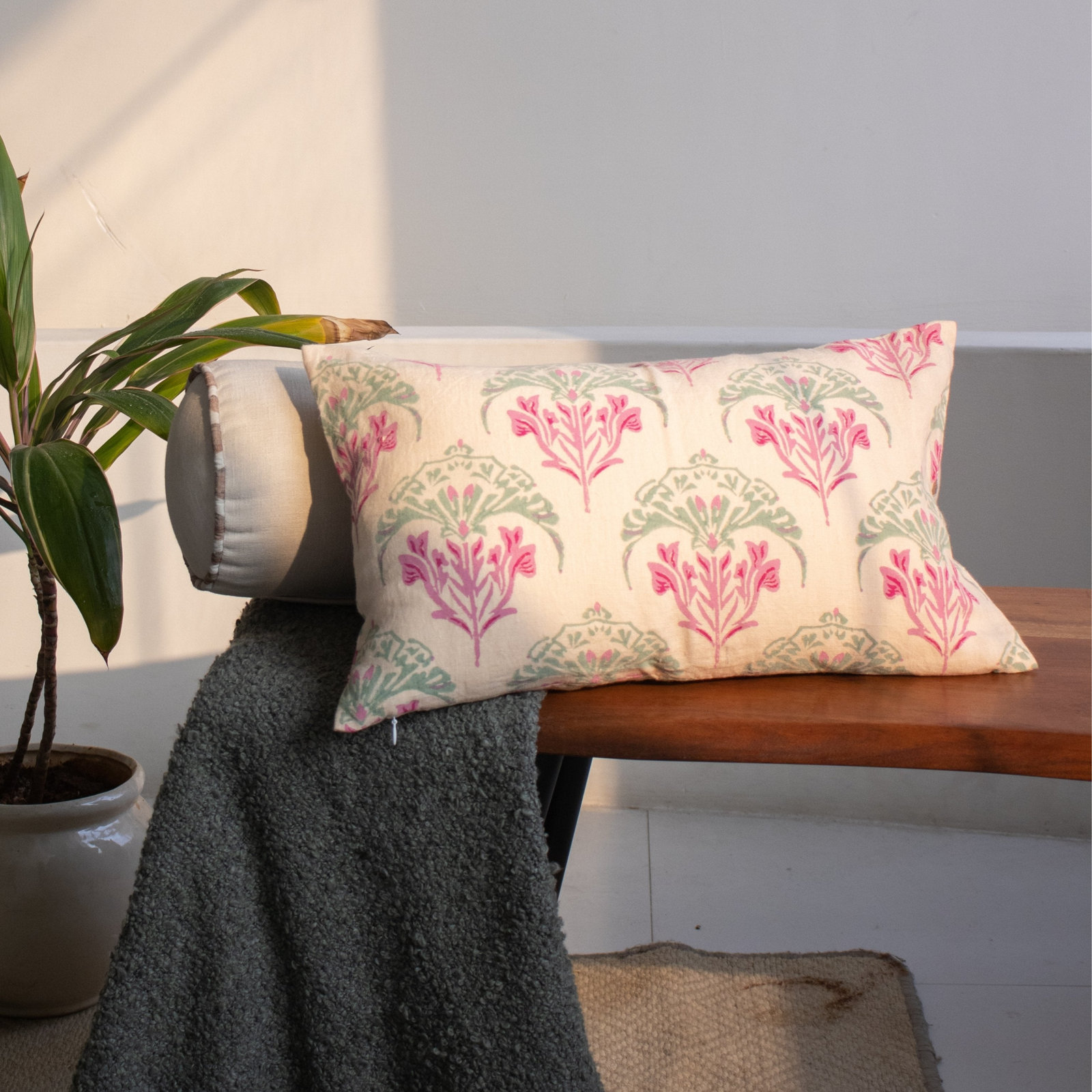 Linen Pillow Cover, Rectangle 12"H x 20"W, Pink/Beige/Green Floral