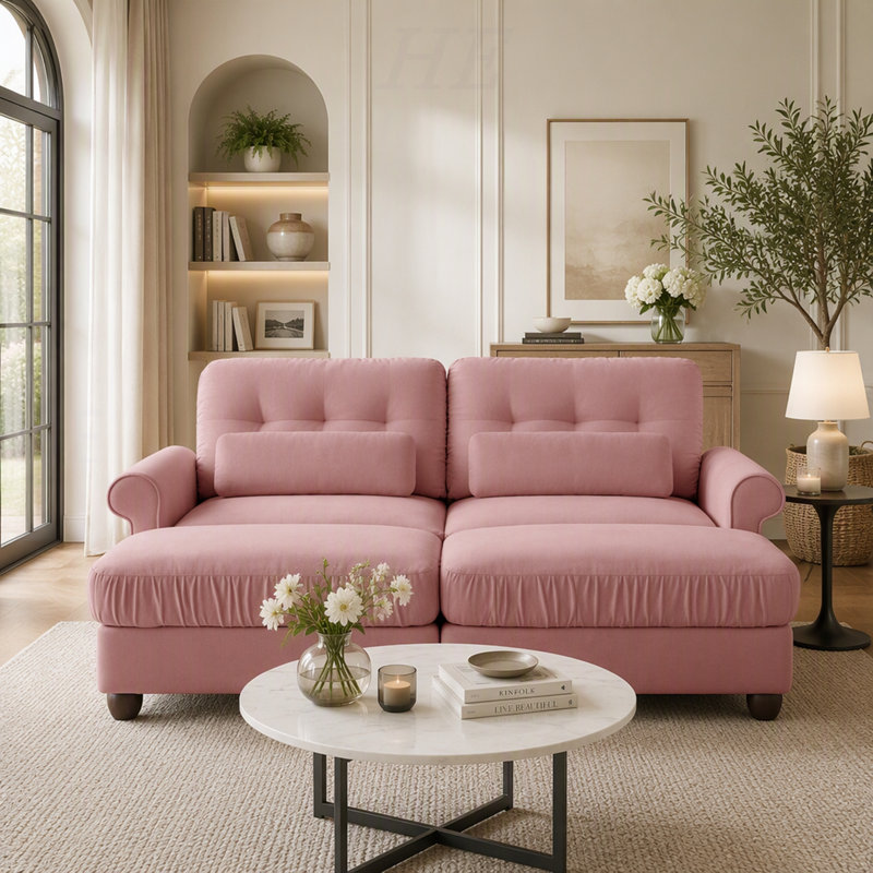Canapé d'angle modulable deux places en chenille avec 2 poufs, coussin d'assise à bord volanté, accoudoirs arrondis et coussins lombaires, assise moelleuse et confortable pour appartement, salon, salon, rose