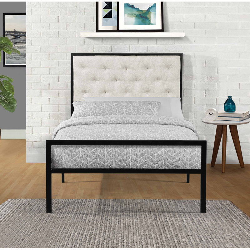Hartin Upholstered Metal Platform Bed, Beige, Twin