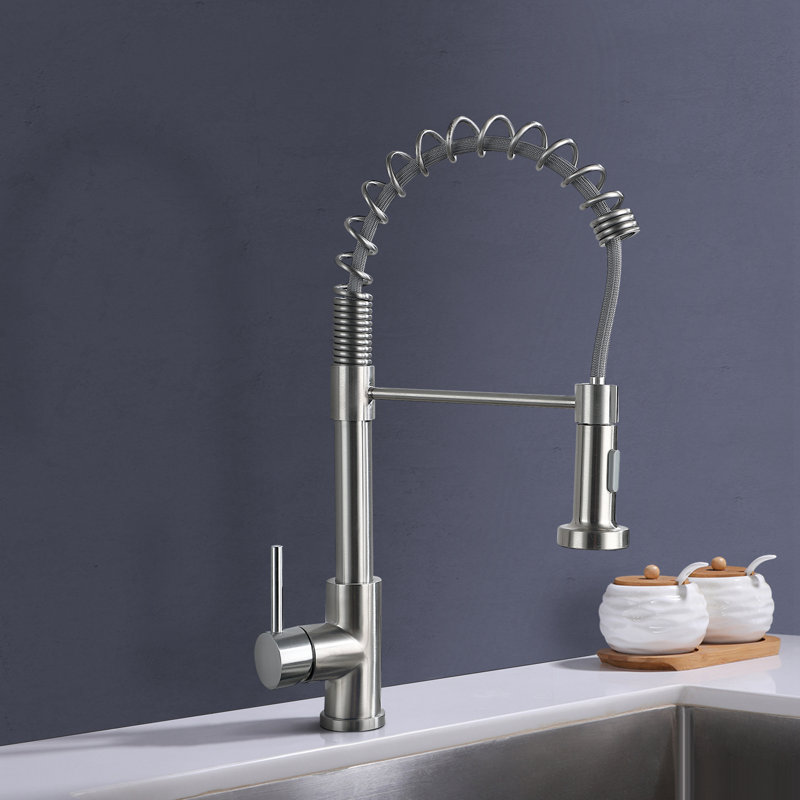 Robinet d'évier de cuisine à poignée simple rétractable, Nickel brossé