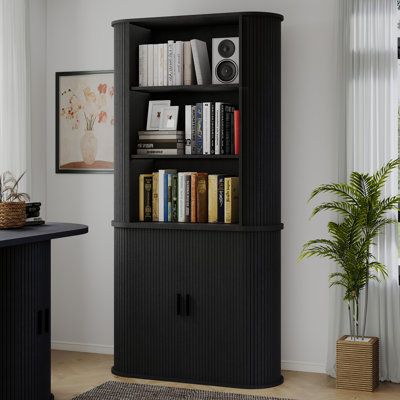 70" Tall 5-Shelf Bookcase with Storage Cabinet, Oval Fluted Bookshelf with Sliding Door