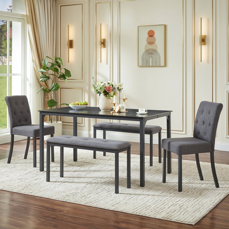 Ensemble de table de salle à manger 5 pièces avec 2 bancs et 2 chaises rembourrées