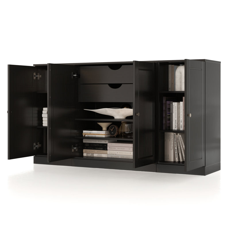 100% Solid Wood 65" Sideboard with Solid Doors, 2-Drawers and Adjustable Shelves, Black