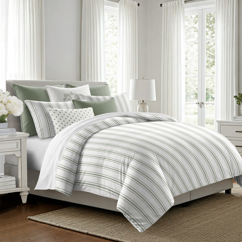 August Stripe Reversible Cotton Duvet Cover Set, Twin Duvet Cover + 2 Standard Shams, Sweet Grass