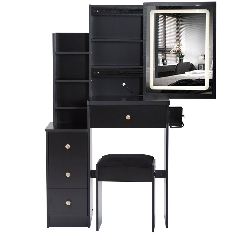 29.2" Small Size Left Bedside Cabinet Vanity Table + Cushioned Stool, 2 AC+2 USB Power Station, Hair dryer bracket, Extra Large Touch Control Sliding LED Mirror, Tri-color Switching, Brightness Adjust