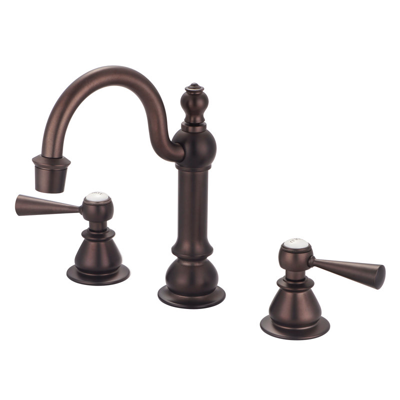 American 20th Century Classic Hook Spout Widespread Deck Mount Lavatory Faucets With Pop-Up Drain in Oil-Rubbed Bronze Finish With Metal Lever Handles, Hot And Cold Index Included