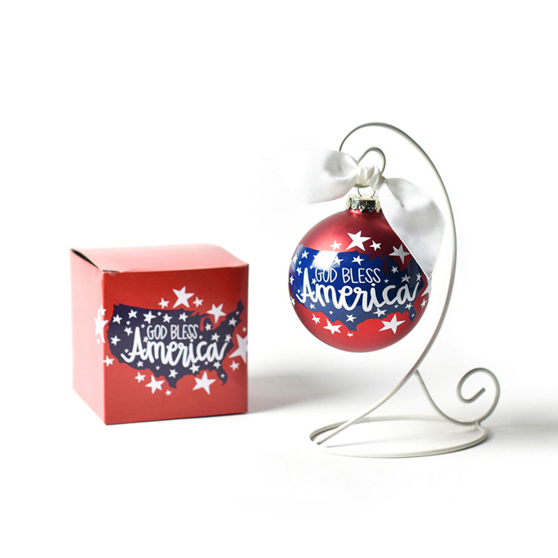 Ornement en verre God Bless America 100 mm avec support blanc