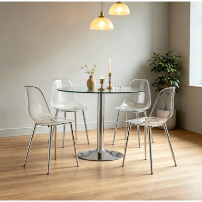 5 Piece Round Tempered Glass Dining Table Set with 4 Clear Acrylic Chairs, Gold Metal Leg Dining Furniture for Small Spaces