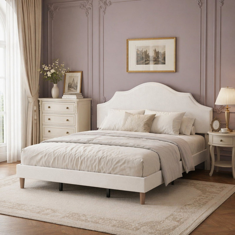 Très grande base de lit avec tête de lit tapissier réglable, White, Très grand lit
