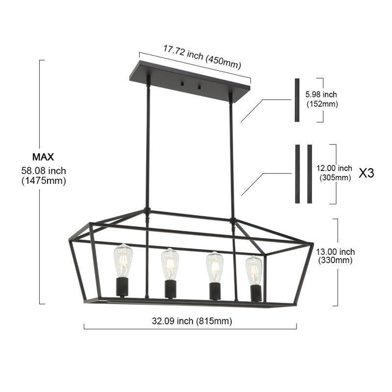 Luminaire suspendu linéaire à 4 lumières pour îlot de cuisine Keim, Noir
