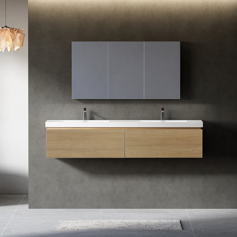 Meuble-lavabo flottant avec lavabo, Blanc, 71", Bois de chêne naturel
