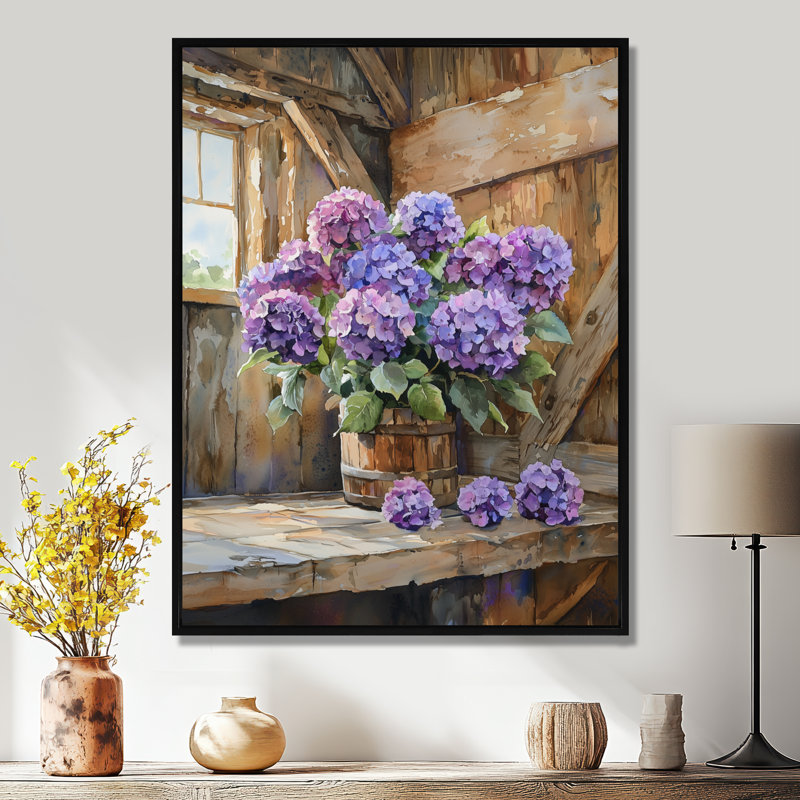 Hortensias dans la grange à traire - hydrangées, art mural, H 20 po x l 12 po, Impression encadrée flottante, Noir