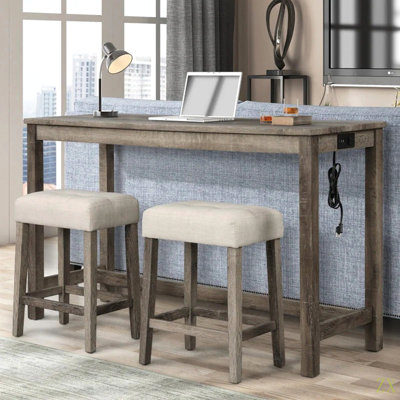 Transitional 3 Piece Counter Bar Dining Set Solid Wood Bar Table With Electric Outlet And 2 USB Ports, Counter Height Bar Stool Tufted Seating