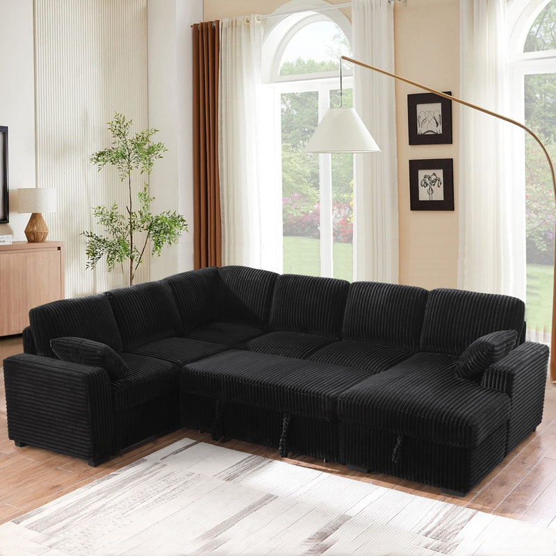 Manfried Oversized U-Shaped Sectional Sofa Bed Pull OutSleeper Couch With Storage Chaise For Living Room, Green Corduroy