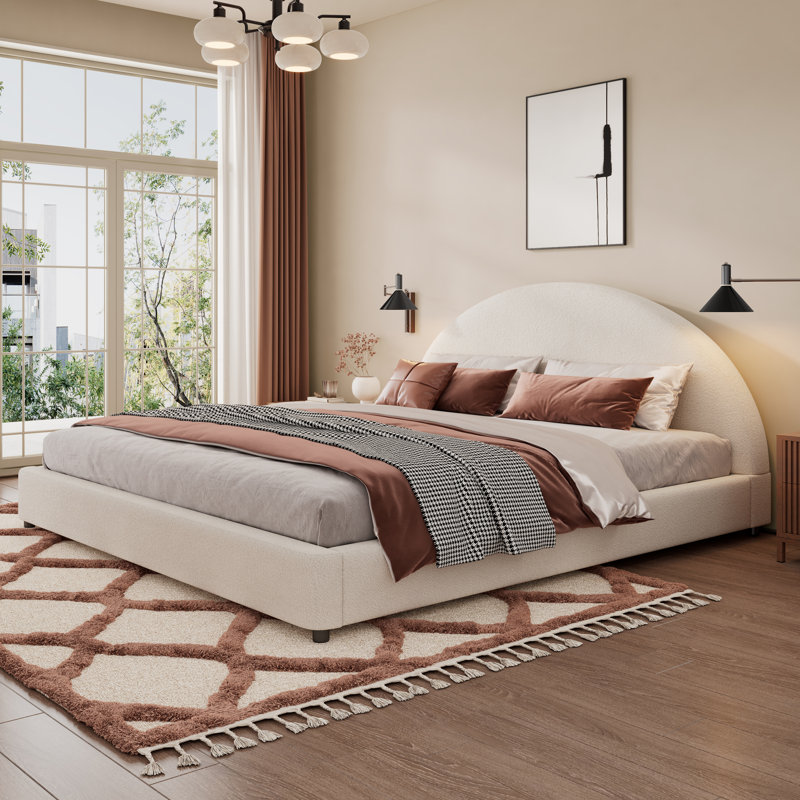 Lit tapissier Boucle avec tête de lit courbée amusante, cadre de lit en bois, Très grand