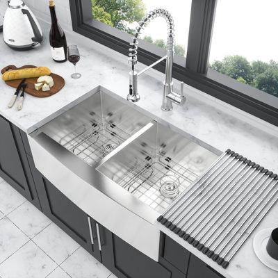 Stainless Steel 18 Gauge Double Bowl Sink 33"X20"X9" - Apron Front For Modern Kitchen Versatile Use