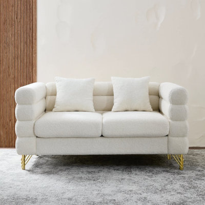 60" Oversized 2-Seater Teddy Sectional, Art Deco Streamline Design, Gold Metal Legs, 2 Lumbar Pillows