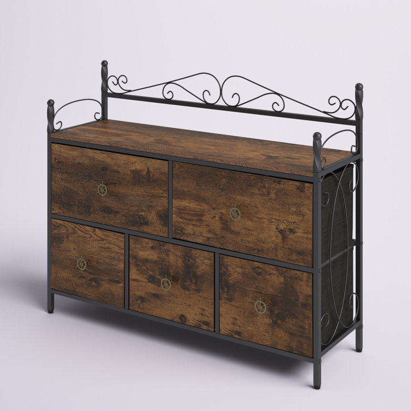 Meuble télé 5 tiroirs Cesare, commode de rangement industrielle pour chambre à coucher avec 5 tiroirs, commode large brun rustique, unité de rangement avec bacs en tissu pour placard, vestibule ou salon