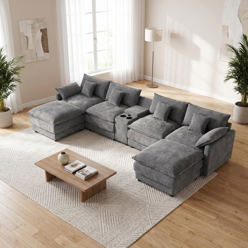Canapé modulaire surdimensionné en chenille avec console USB et oreillers supplémentaires, Grey Chenille