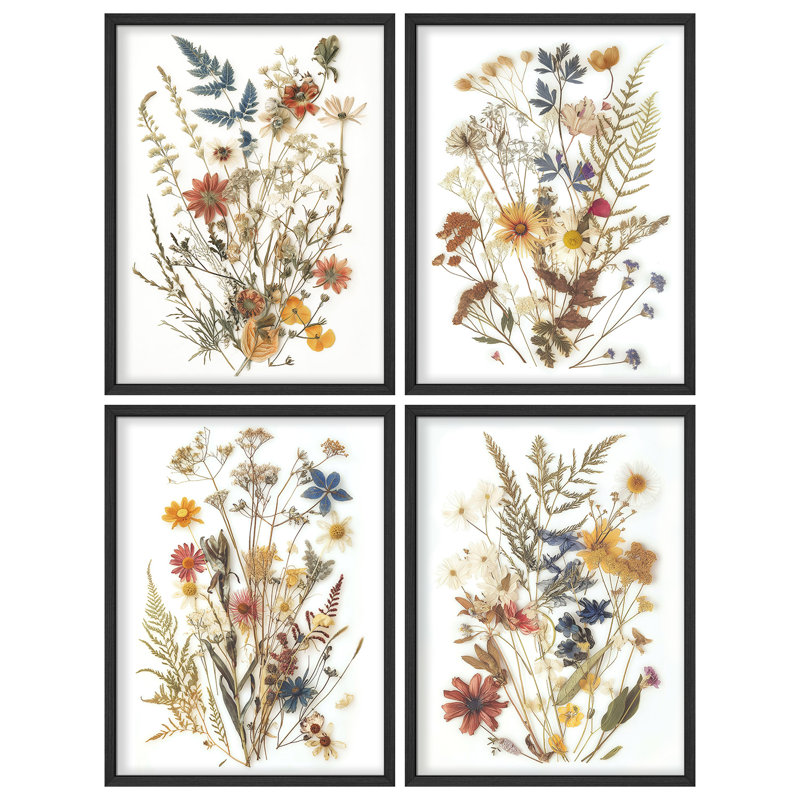 «Wild Floral Botanical Rustic Artwork, encadré, impression, affiche, petit art mural de salle de bain», 4 pièces, Naturel