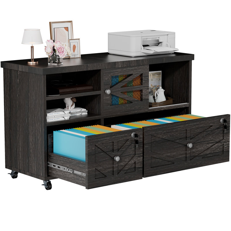 Lockable 2-drawer Lateral File Cabinet With Open Storage Shelves, Rolling Filing Cabinet For Home Office, Holds Letter/legal/a4 Files, Heavy Duty Mobile File Cabinet, Black