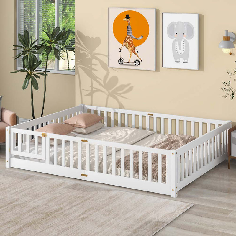 Finka Kids Floor Platforms Bed With Fence and Door, White, Queen
