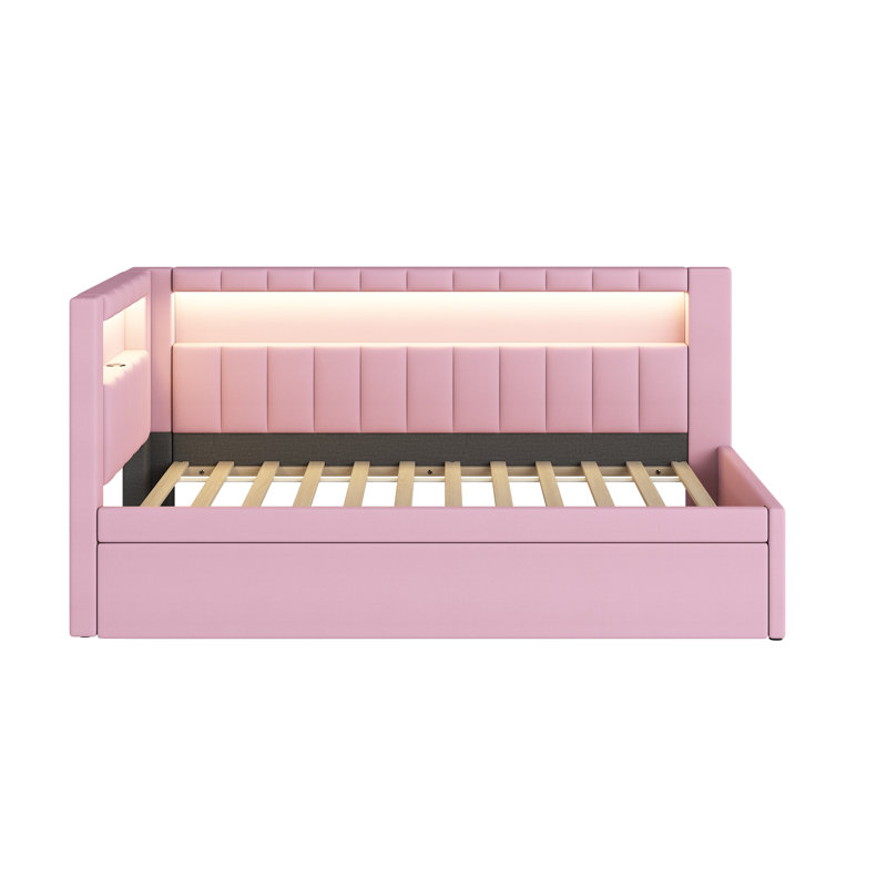 Upholstered Platform Bed with USB Ports and LED Belt, With Trundle, Pink, Twin