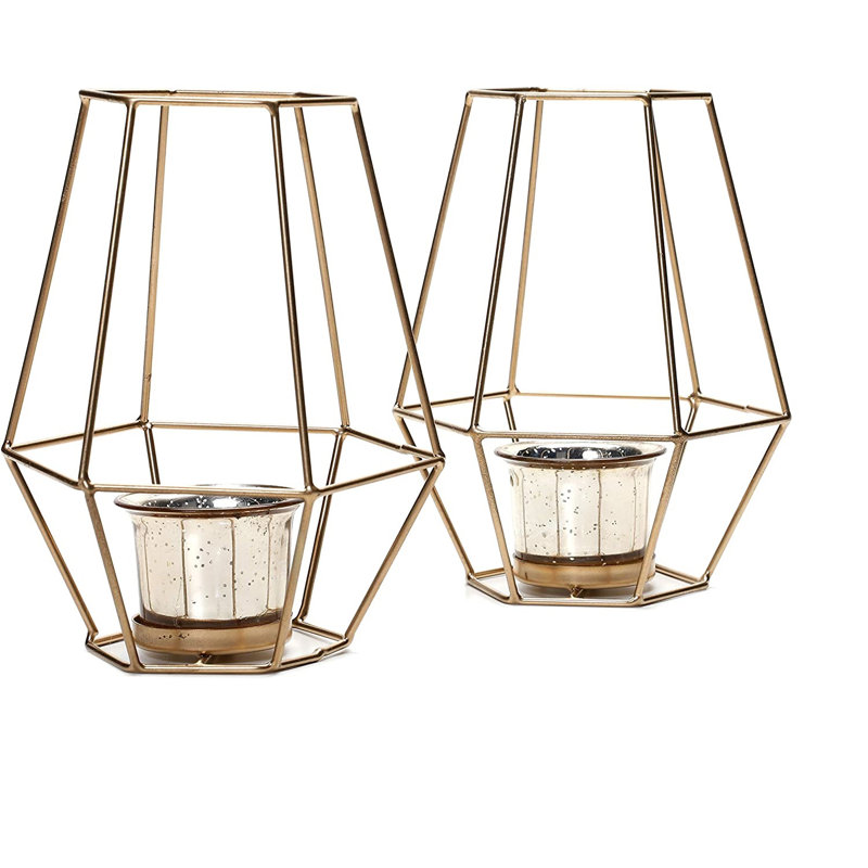 Ensemble de 2 porte-bougies en métal doré Hosley - Porte-bougies chauffe-plat 7 "avec coupes en verre - Décoration géométrique moderne pour le salon, la table et la pièce maîtresse