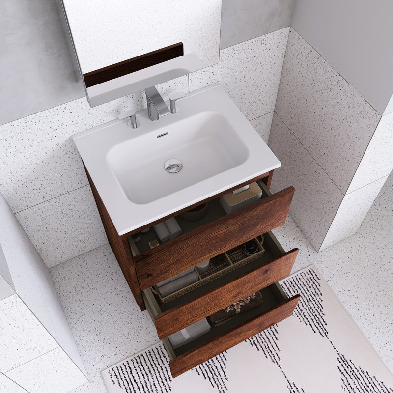 Meuble-lavabo autoportant avec lavabo et 3 trous de robinet, Brun, 24"