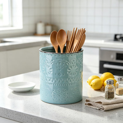 Farmhouse Kitchen Utensil Holder for Countertop, Large Ceramic Utensil Crock with Non-Slip Cork Bottom, Stylish Dimpled Design, Multi-Purpose Organizer for Cooking Tools and Planters