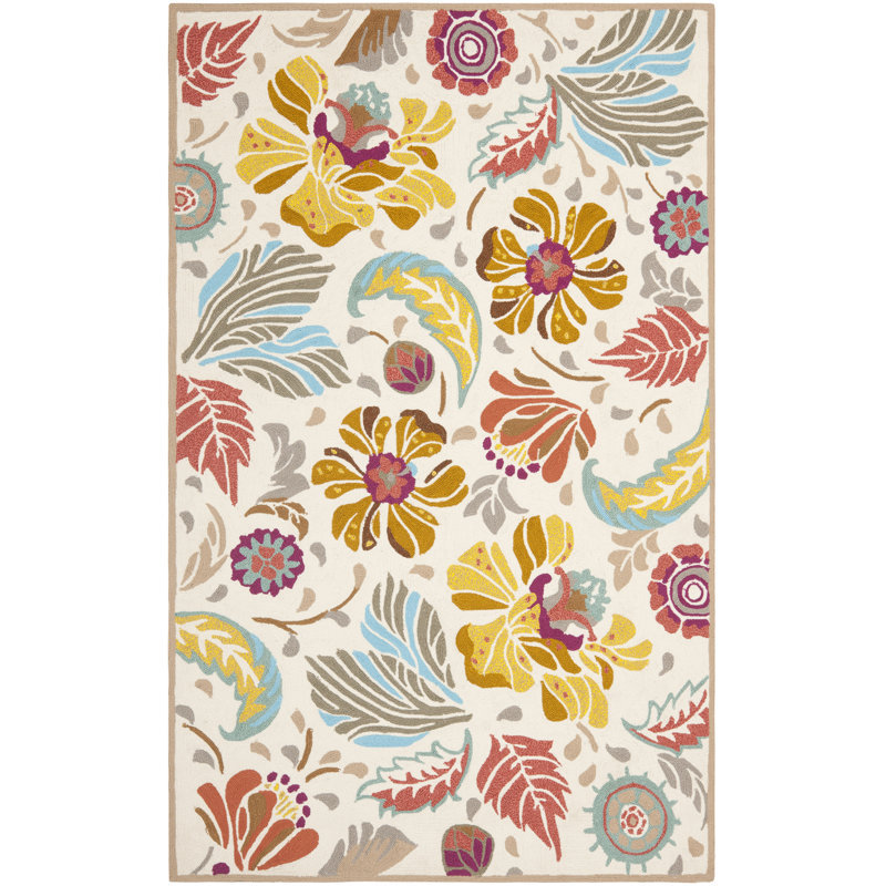 Tapis à motif floral jaune crocheté à la main Doyle, Rectangle 5 pi x 8 pi