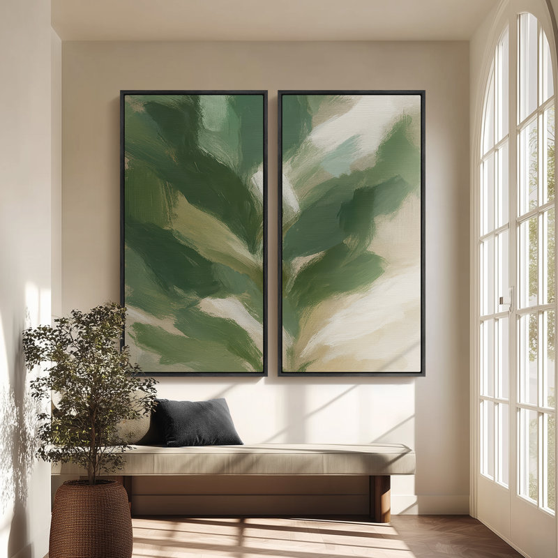 Abstrait botanique vert pour entrée - ensemble de 2 reproductions d'art murales encadrées sur toile 60 po x 20 po x 2 pièces, 60 po x 30 po x 2 pièces