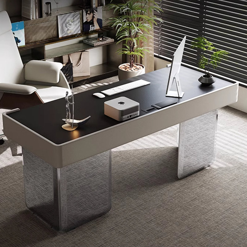 Bureau à 3 tiroirs noir + pierre frittée rectangulaire gris clair + bois manufacturé + acier inoxydable