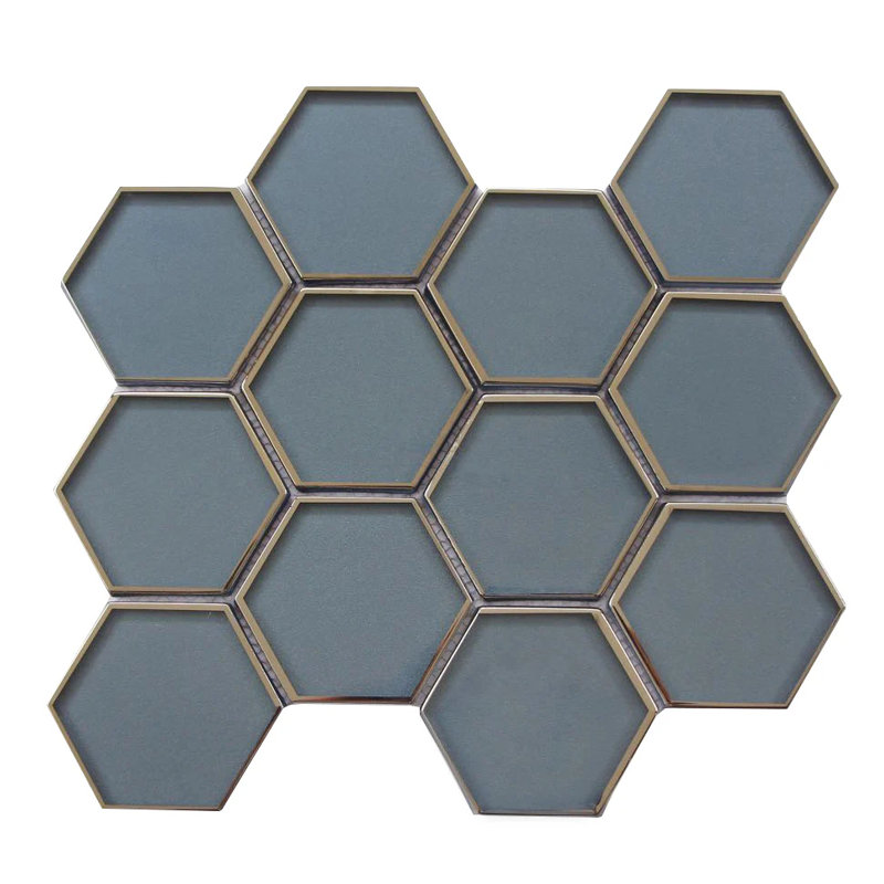 Carreau de mosaïque murale en verre bleu foncé hexagonal 3 po avec bordure argentée 11 po x 9 po (0,7 pi2 / pièce)