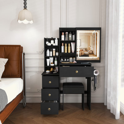 Modern Vanity Desk ,Featuring 3 Modes Of LED Lighting With Adjustable Brightness , With 4 Drawers And Multiple Open Storage Shelves, With A Hair Dryer Holder And Power Socket,  A Dressing Chair