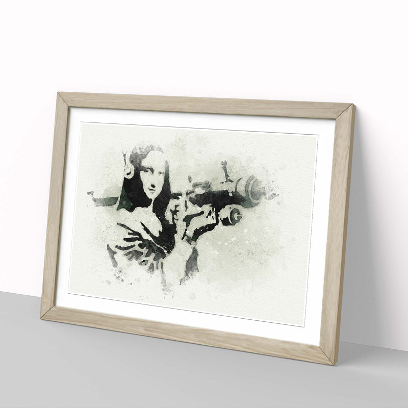 Mona Lisa by Banksy - Picture Frame Graphic Art Print on MDF, 27cm H x 36cm W x 2cm D, Oak Framed