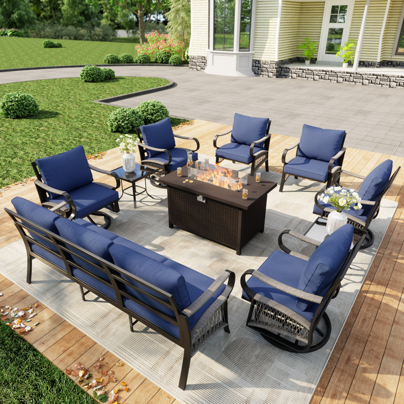 9-Person Outdoor Metal Patio Set With Fire Pit Table & Swivel Chairs (Blue), Blue