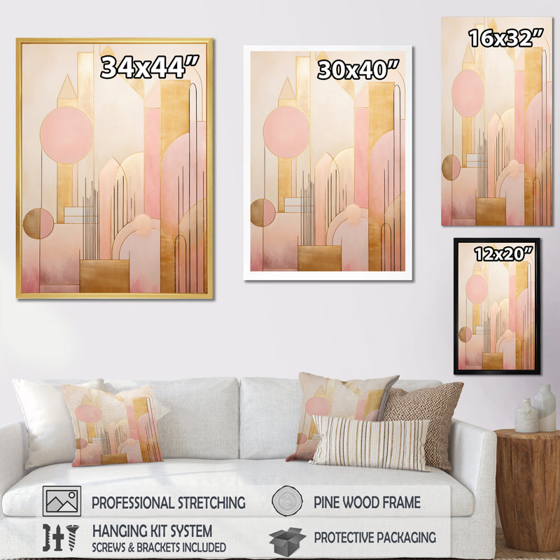 City of Gold, subtile géométrie rétro, or rose sur toile, H 40 po x l 30 po, Cadre flottant noir