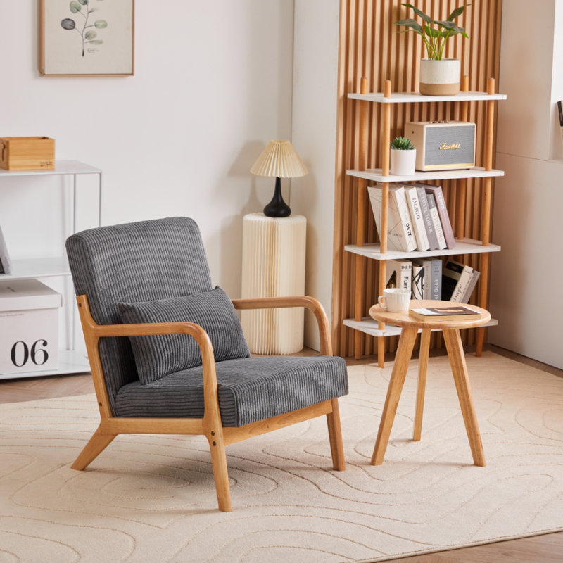 Chaise d'appoint Mid-Century moderne en bois d'hévéa durable, Gris foncé antique, Naturel