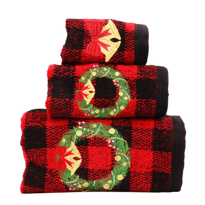 Jacqulyn Home Decor Xmas Premium Luxury Ultra Soft 100% Cotton Embroidered Bathroom Modern 3 Piece Christmas Towel Set, Red Black Plaid Xmas Wreath Pattern