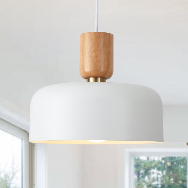 Donnelle 1 - Light 12" Single Simple style Pendant with solid wood decoration light base, White