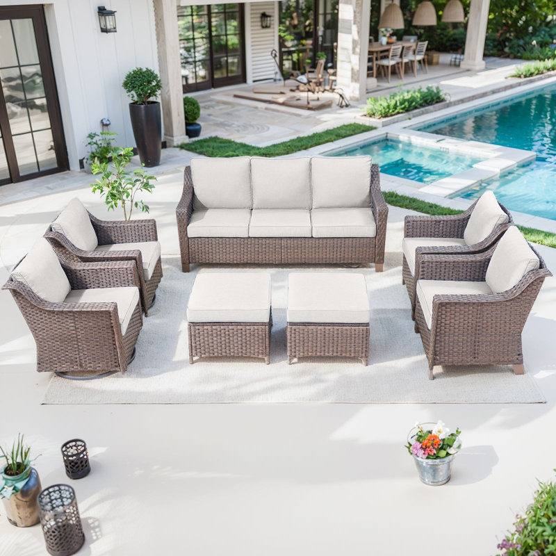 Jenesys Outdoor Wicker Sofa Set With Club & Swivel Glider Chairs - Comfortable, Durable, Beige