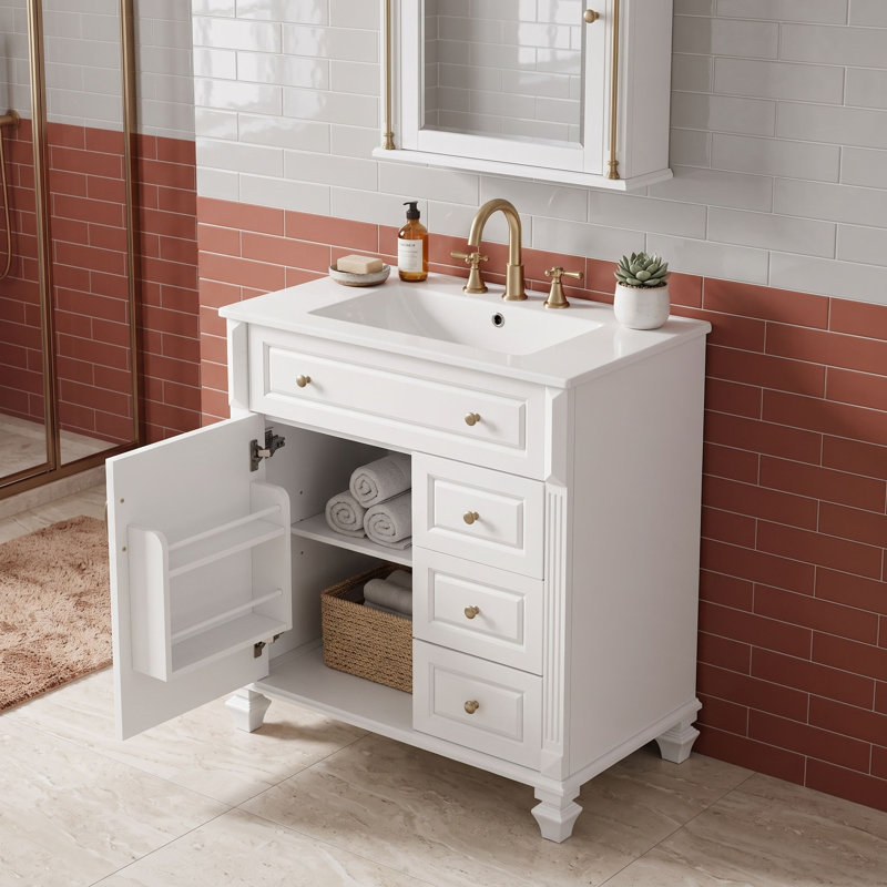 Meuble-lavabo autoportant avec comptoir en céramique, tiroir de rangement escamotable, tablette réglable et support de porte