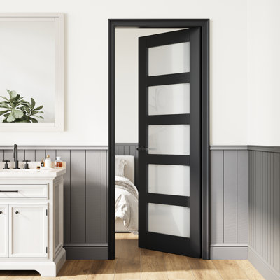 Dalle de porte française en verre givré 30 po x 80 po, porte intérieure en verre noir d'intimité 5-Lite, panneau de porte sans trou ou charnières, comme porte de grange ou porte pré-montée ou porte de poche ou dalle de porte française pour garde-manger, porte de buanderie, chambre à coucher Porte