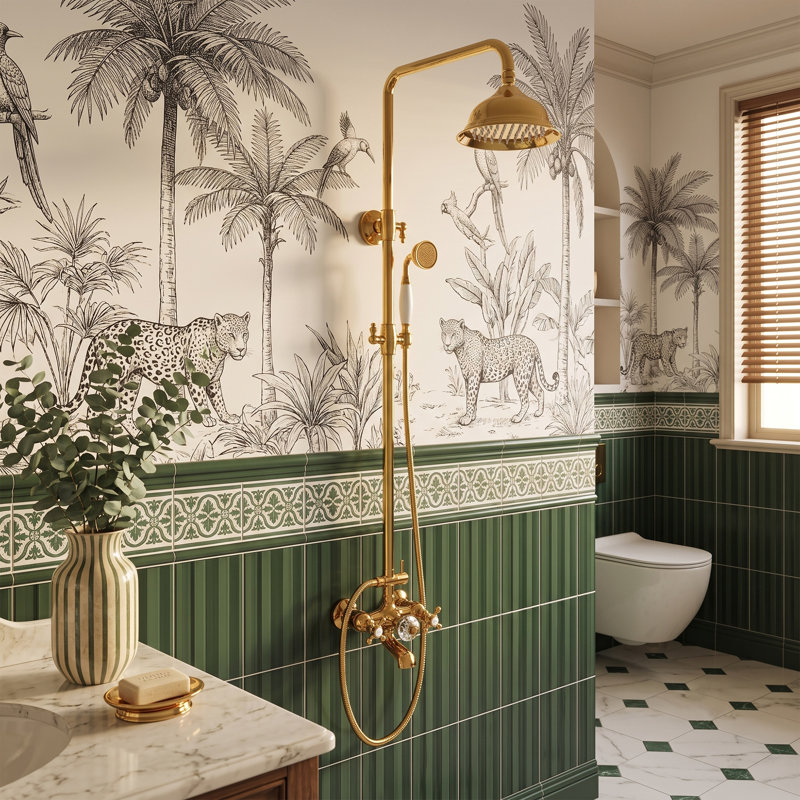 Système de douche mural complet industriel à 3 fonctions avec douche à main et bec de baignoire, Doré
