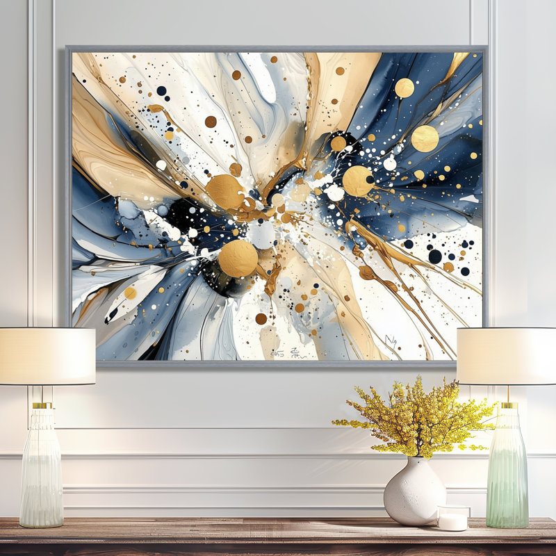 «Explosion of Abstract Gold Blue Marble Chaos I», reproduction d'art abstrait fractal, H 16 po x l 32 po, Doré